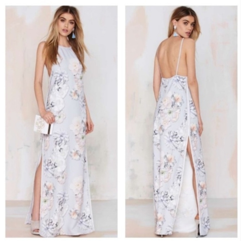 FINDERS KEEPERS Check The Rhyme muted Gray Floral Maxi side slits & pockets